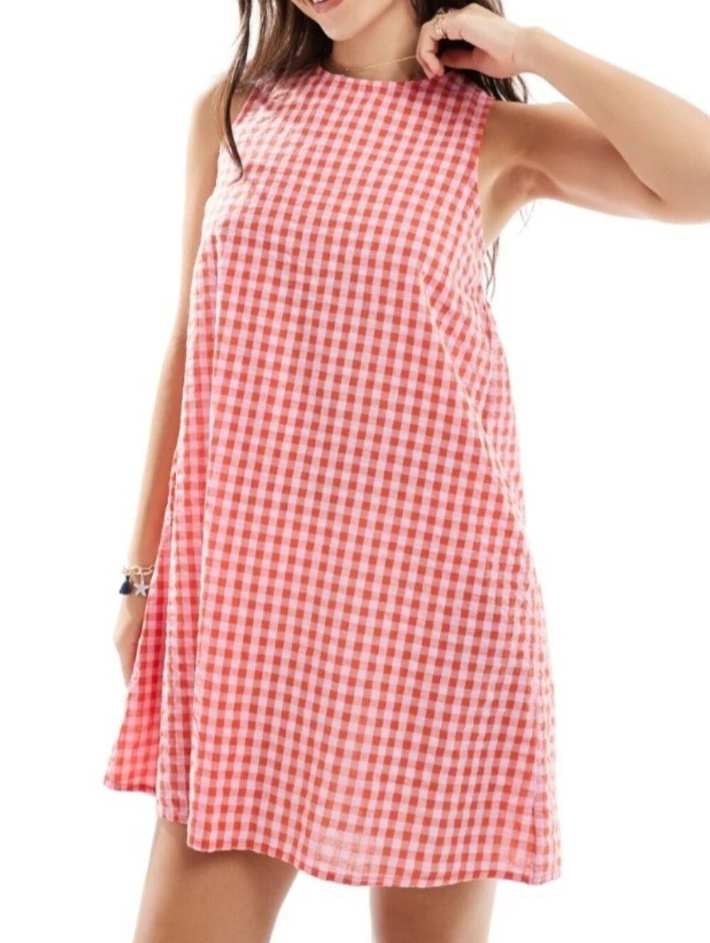 Pieces Seersucker Tie Back Mini Dress in Red and Pink Gingham
